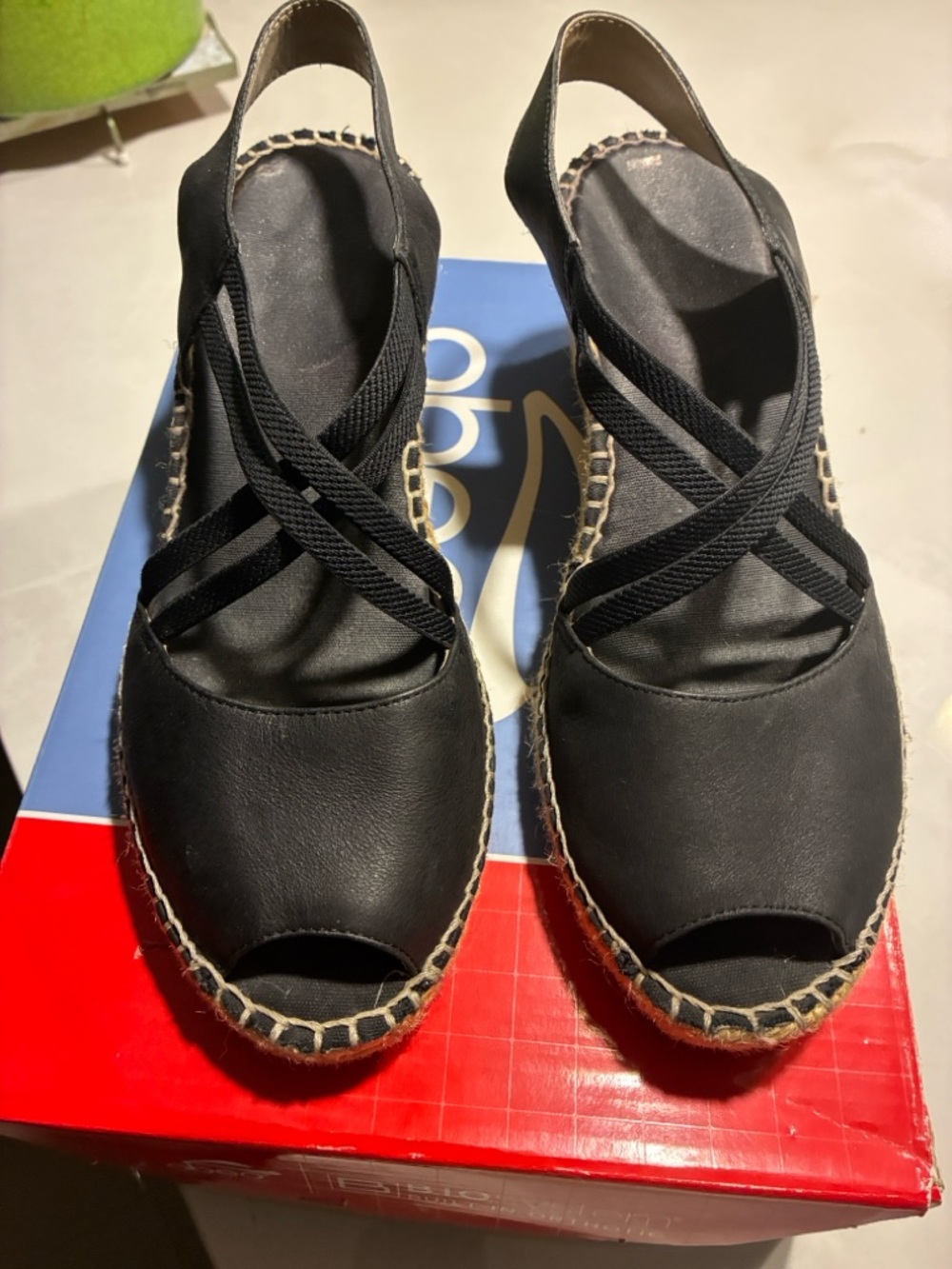 Abeo Black Leather Espadrille Slingback Wedge Sandals